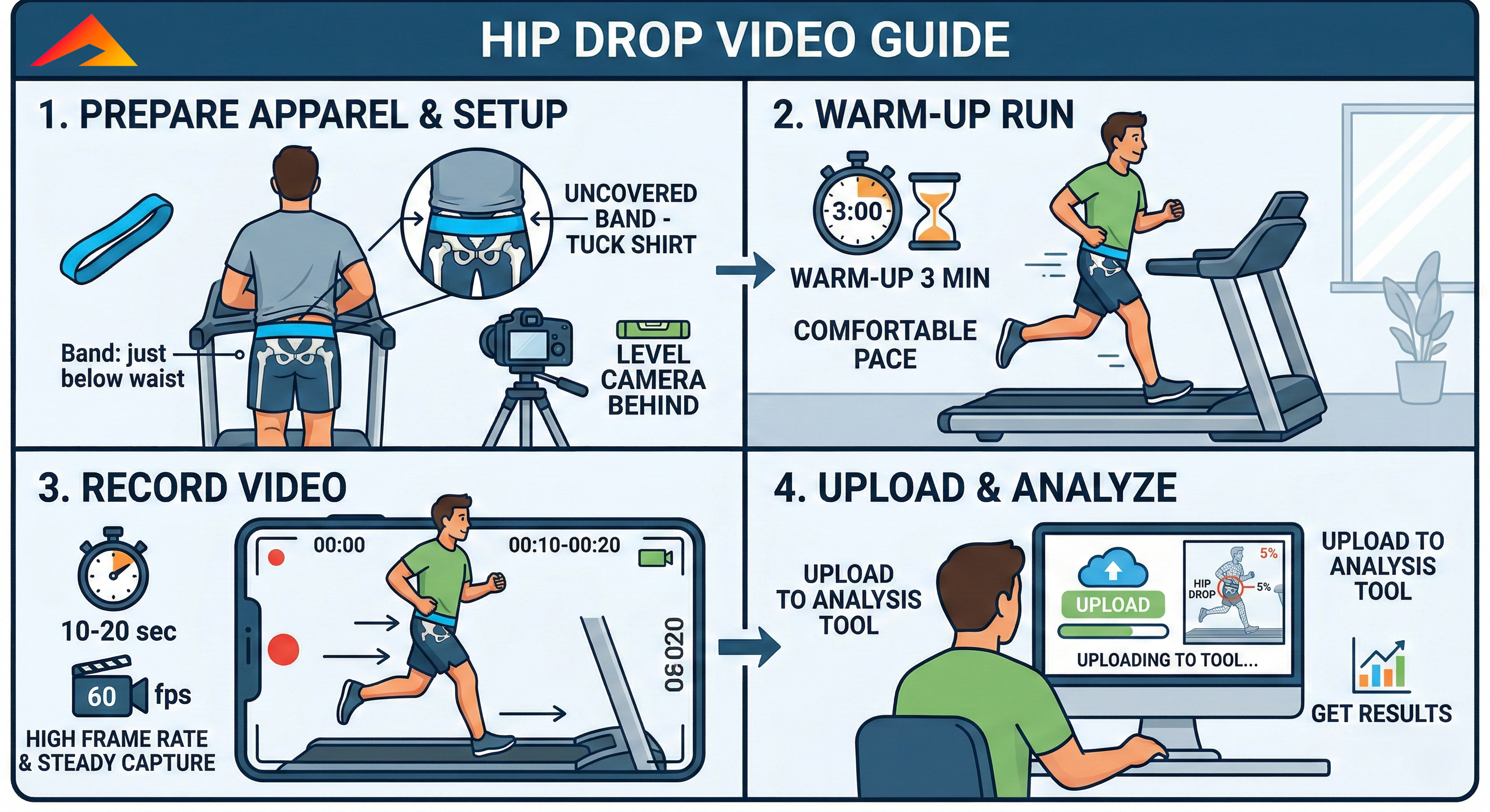 Hip drop setup, warm-up, recording, and upload steps