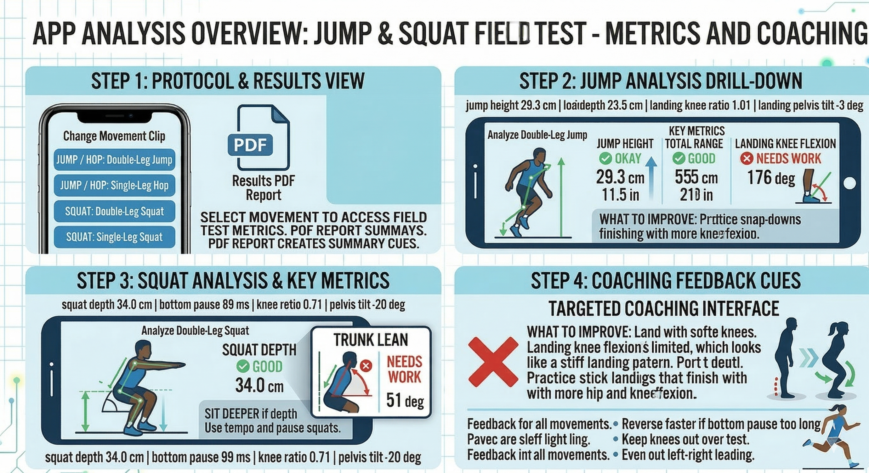Squat analysis metrics and coaching feedback
