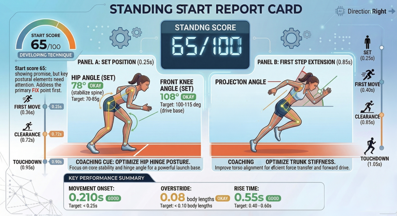 2-point distance start report card with metrics and coaching cues