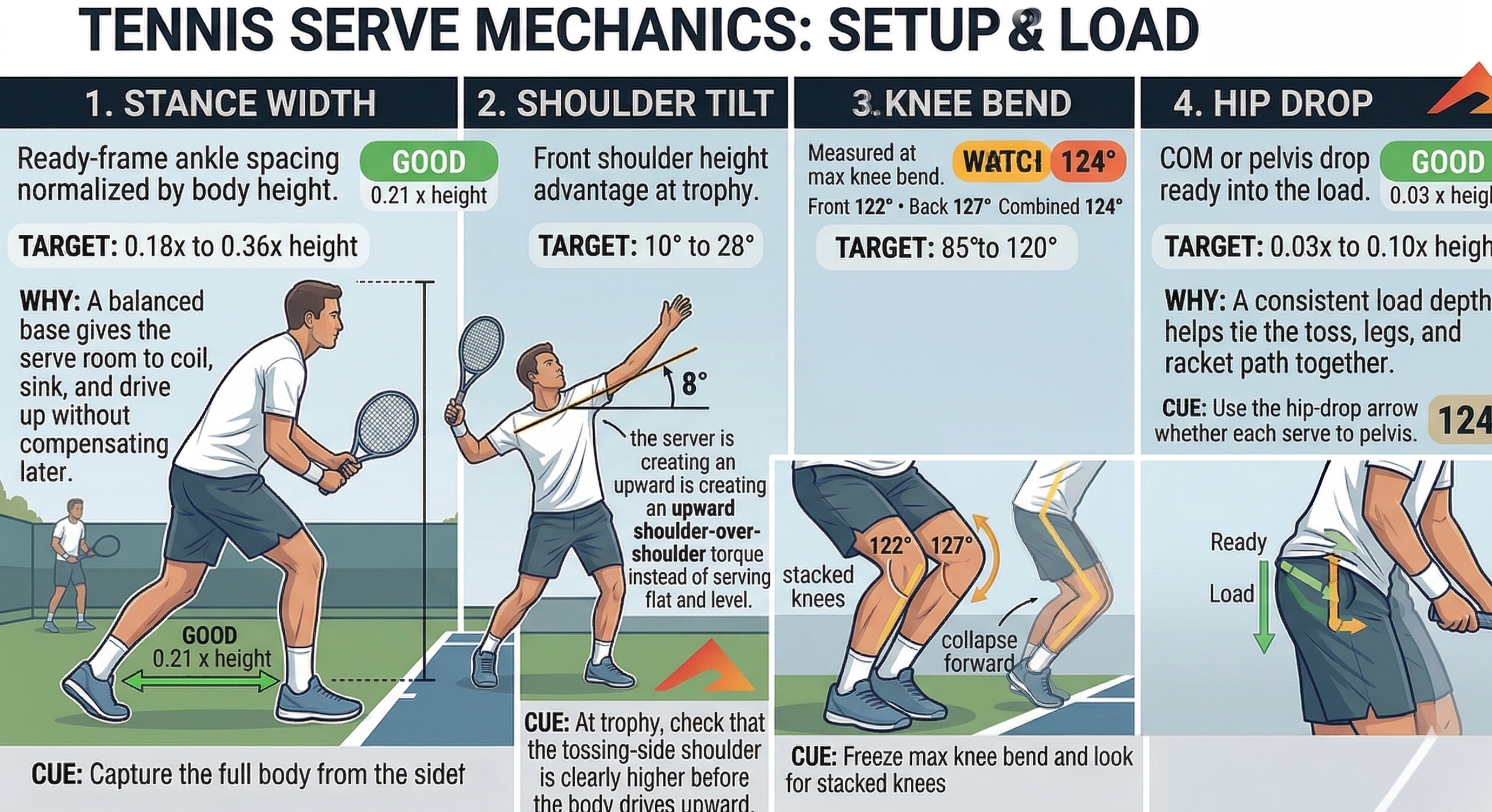 Tennis serve mechanics setup and load metrics