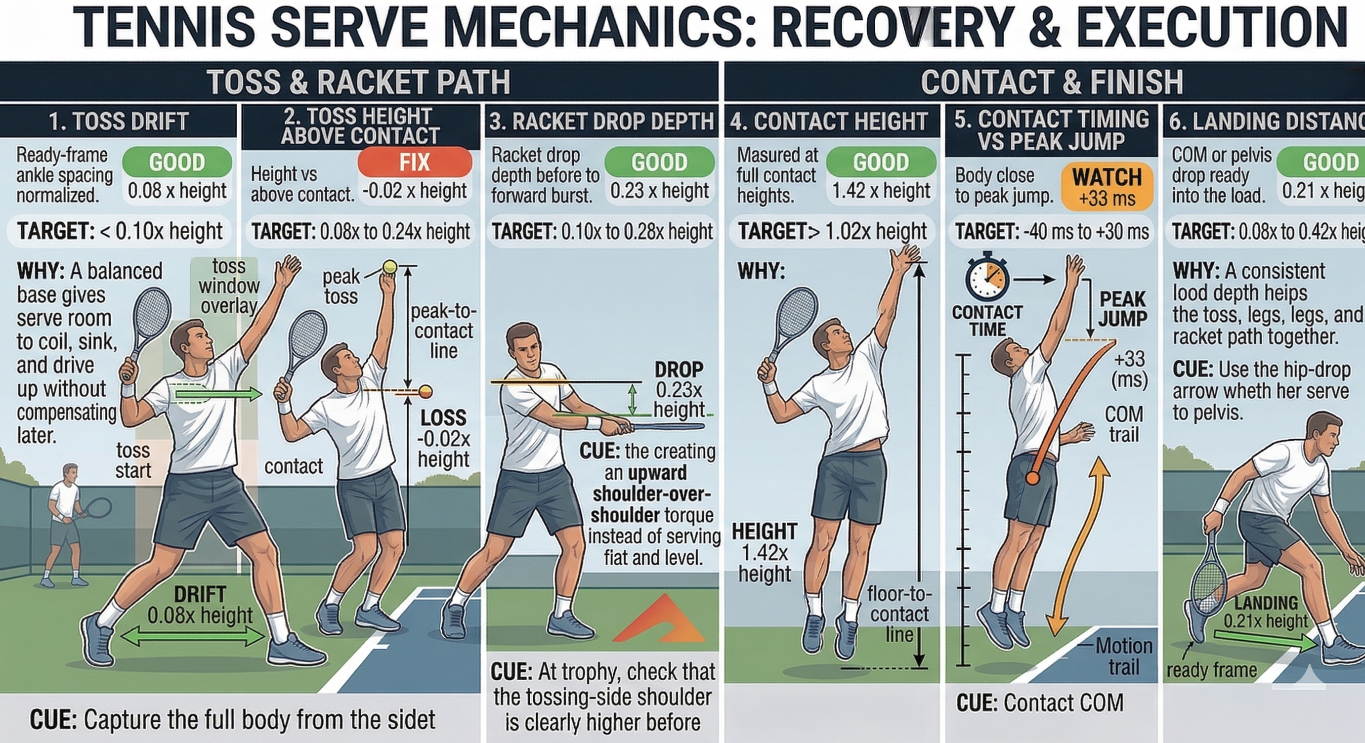 Tennis serve mechanics recovery and execution metrics